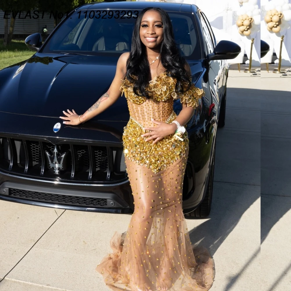 EVLAST Customized Gold Prom Dress Beaded Rhinestones Mermaid See Through African Party Dress Black Girls Robe De Soirée  FP229