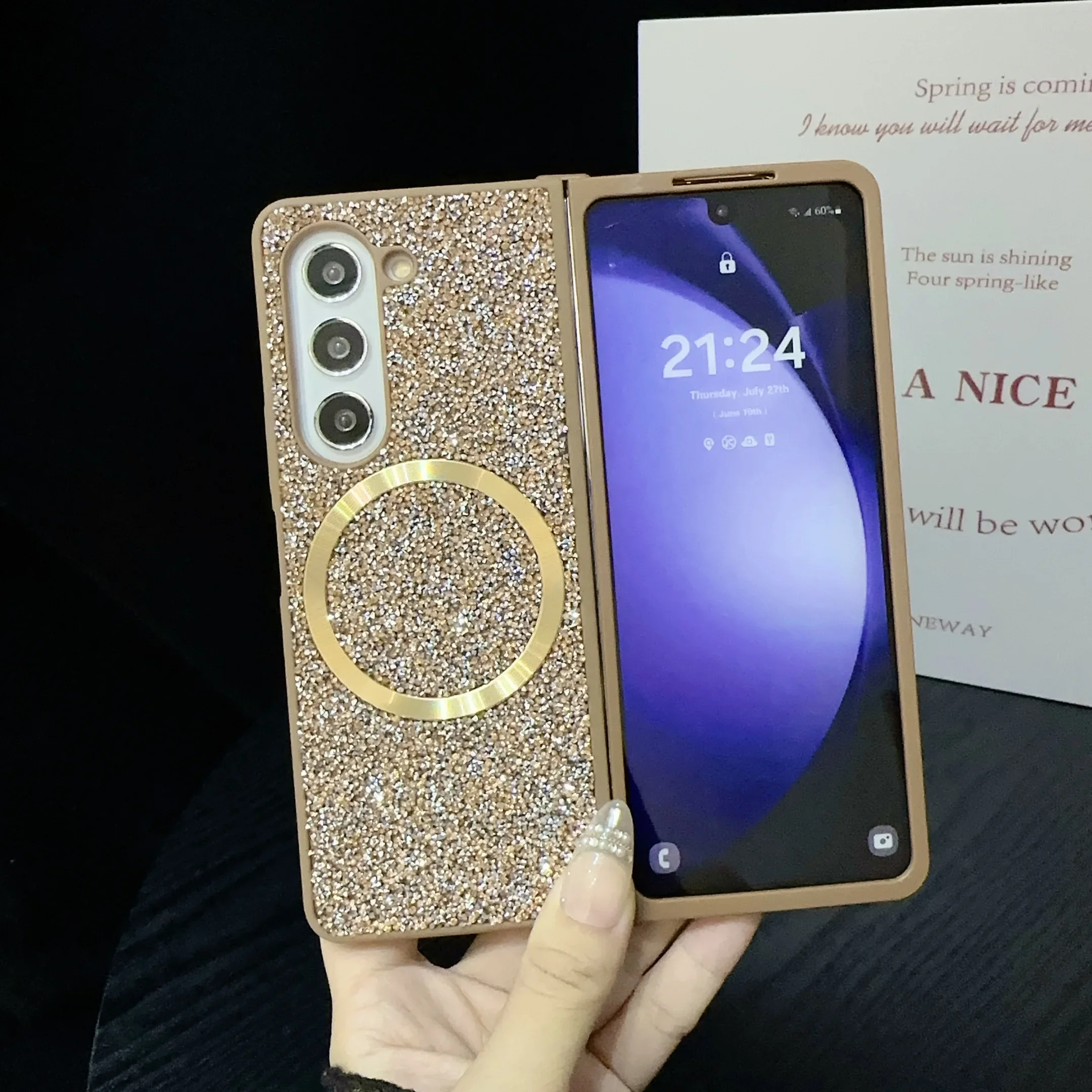 Magsafe Magnetic Cover Sparkling Diamond Brilliant Phone Case for Samsung Galaxy Z Fold 7 6 5 4 3 Fold7 Skin Feel TPU Soft Edge
