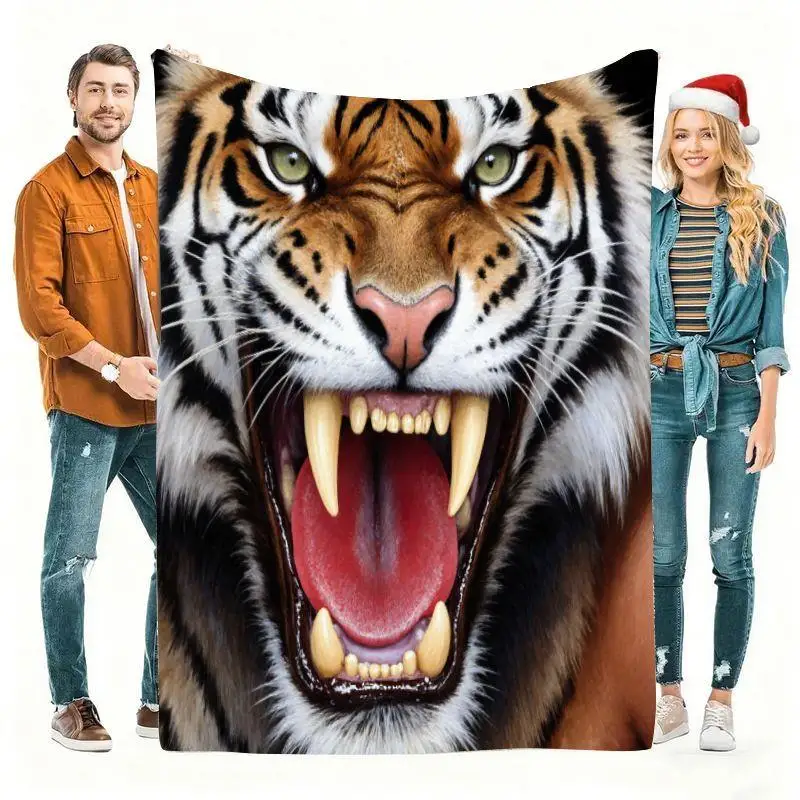 Dramatic Realistic Roaring Tiger Face Throw Blanket Plush Cozy Winter Jungle Animal Bed Spread for Living Room Home Decor Gift
