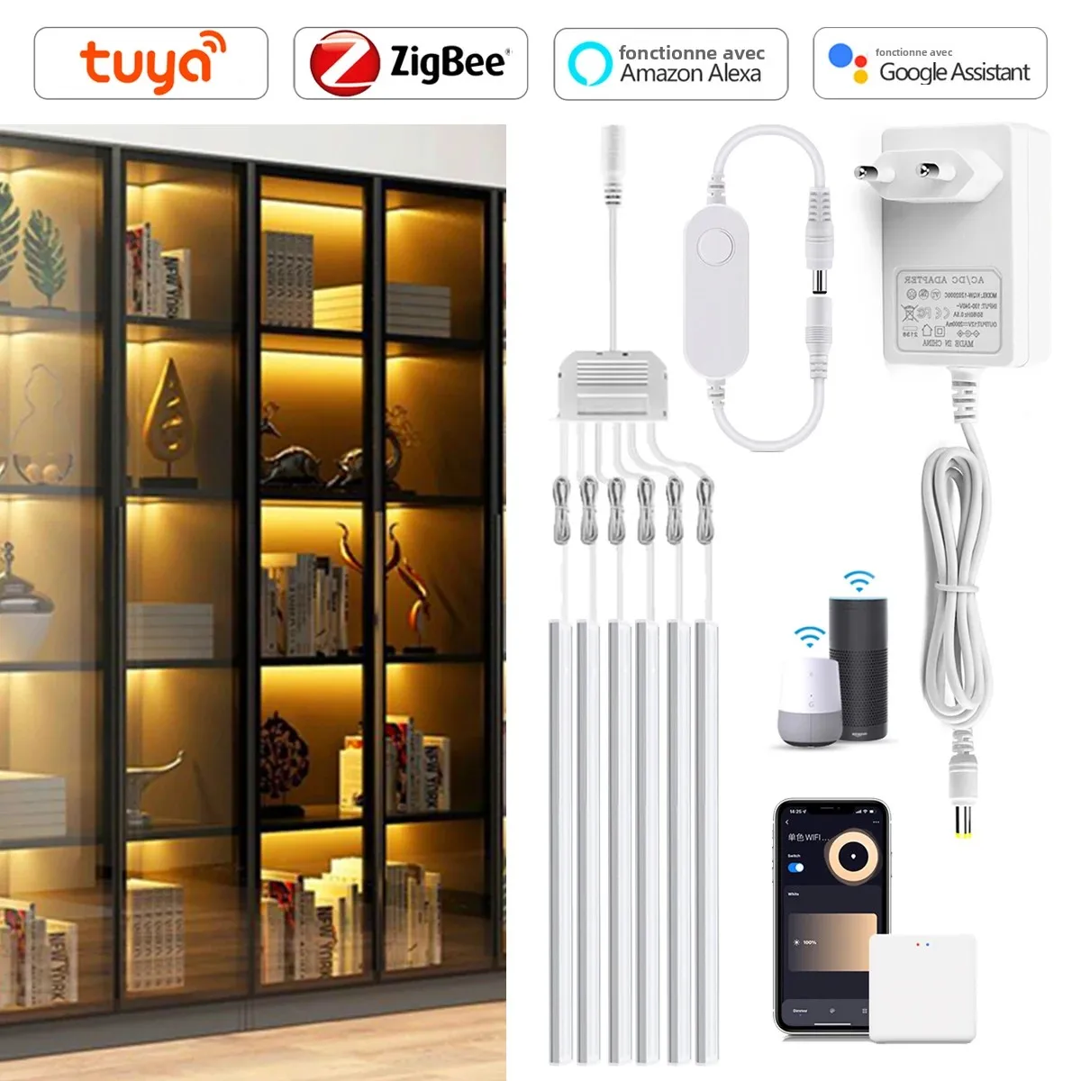 Kit de barres lumineuses LED Zigbee 3.0 Tuya pour armoire (2/3/5 pièces) ou lampe à intensité variable 12V pour armoire de rangement multi-niveaux, compatible avec l'assistant vocal Alexa