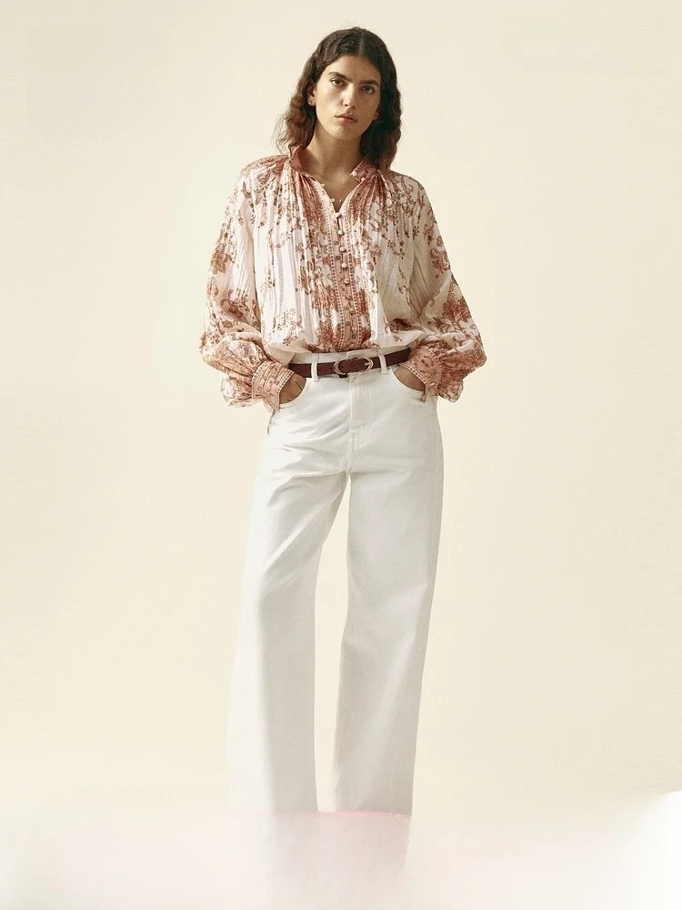 

Spring New Women's Crumpled Top H&M Loose Fit Long Sve Button up Print Vintage Sle Nylon Rayon Blend irt for Ladies