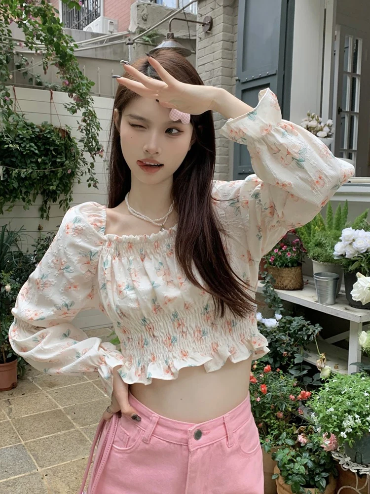 Zoki Floral Sweet Cropped Shirt Women Sexy Slim Long Sleeve Elegant Blouse French Vintage Square Collar Casual Off Shoulder Tops