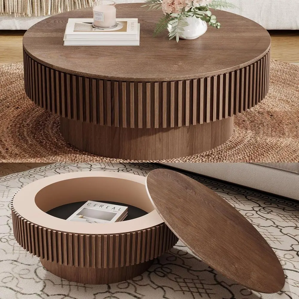 

31.5'' Round Coee Table with Storage, ern Luxury Circle Drum Center Tables with Solid Wood Veneered, Accent Side Coee Table or L