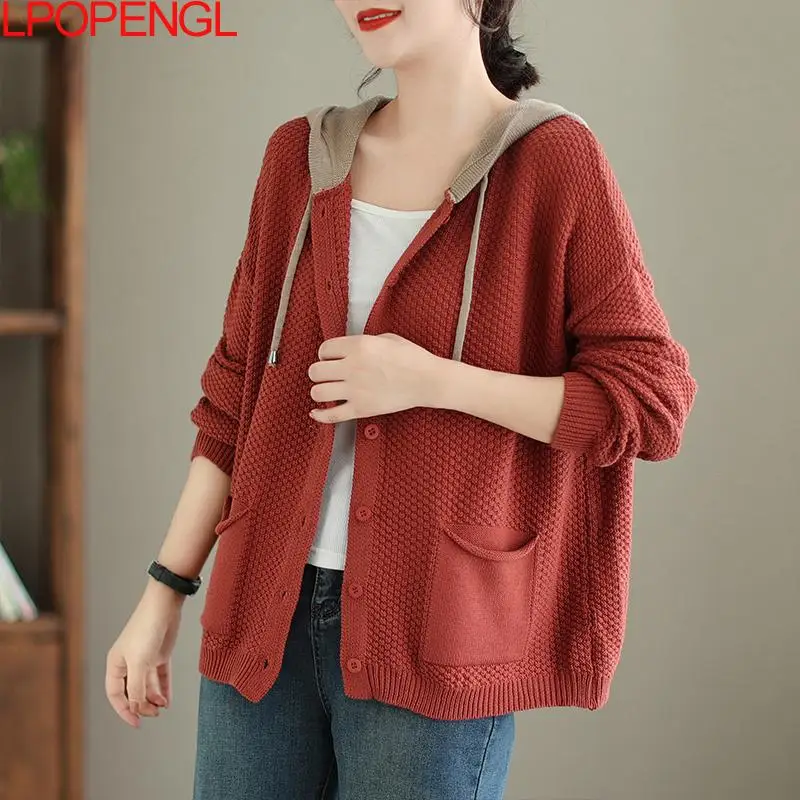 New Women Autumn Hooded Sweater Knitted Cardigan Vintage Loose Versatile Long Sleeve Contrasting Patchwork Single Breasted Coat