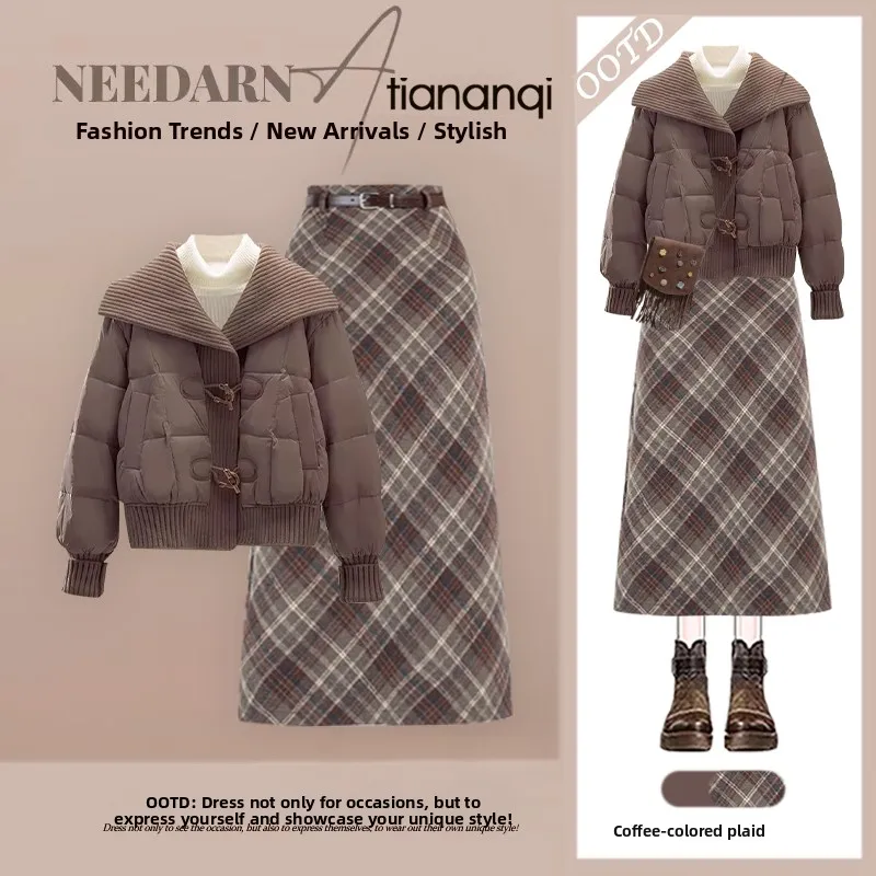 

Women's Loose Fit Fashion Set Autumn Winter Plaid Skirt Cotton Jacket Two Piece Suit Slimming Effect Casual Outfit