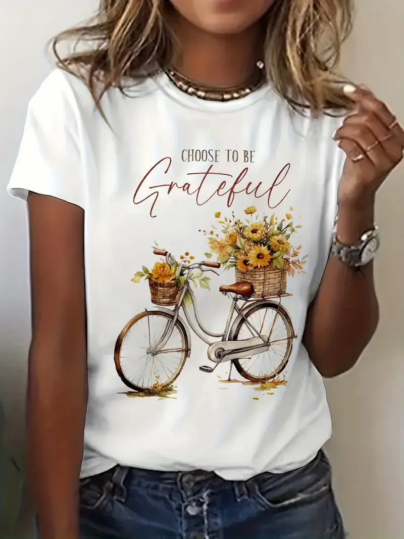 AliExpress DAYUHU Women's Choose to Be Grateful Floral Bike Short Sleeve Printed T Shirt Clothing Women's T-Shirt Graphic Clothing Women's Top Tee