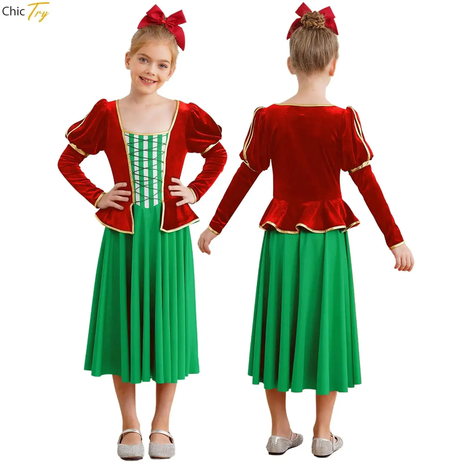 Girl Christmas Candy Cane Costume Dresses Stripes Velvet Dress Princess Dres for Xmas Jazz Ballet Dance Party Performance Outfit