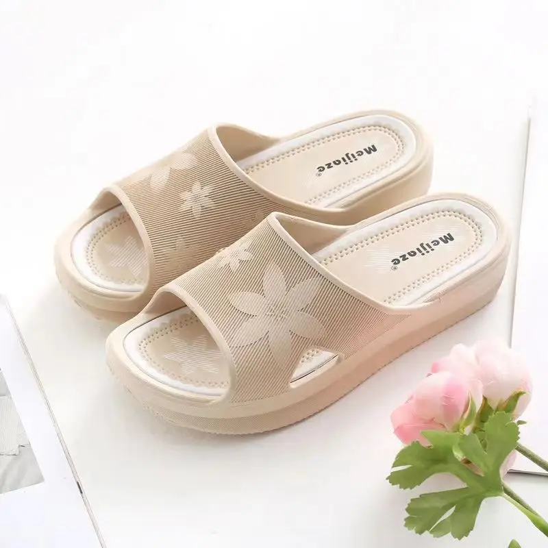 New Women's Summer One Word Wedges Slipper Thick Sole Non Slip Outdoor Beach Slipper Home Slipper Bathroom Slipper