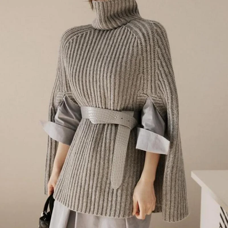 

Autumn Winter Turtleneck Sweater Split Collar High Collar Cape Casual Jumper Cloak Poncho Women Elegant Knitted Pullovers Black