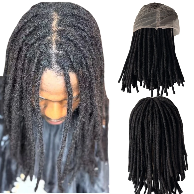 Indian Virgin Human Hair Replacement #1B Black Color 16 inches Dreadlocks Full Lace Wigs for Black Men