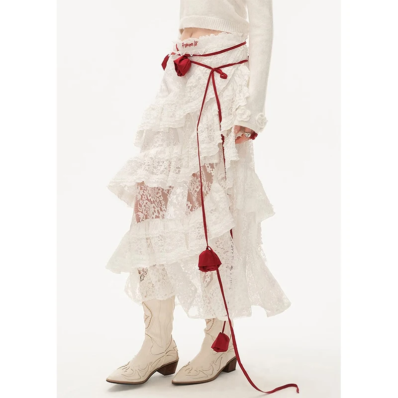 

MEXZT Fairycore Lace White Midi Skirt Women Y2K Aesthetic Asymmetrical Skirts Summer Gyaru Harajuku Korean Ruffles Design Faldas