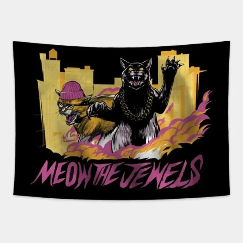 Hip Hop Cat Tapestry Graffiti Style Black Cat with Gold Chain & Spray Paint Art Wall Hanging Urban Street Decor for Bedroom Dorm