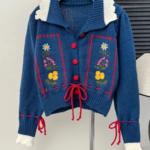 Colarinho Peter Pan vintage bordado com renda suéter feminino, cardigã de malha estilo coreano, tops de manga comprida, casaco outono, doce 10 principais vendas sueter gola peter pan - №6