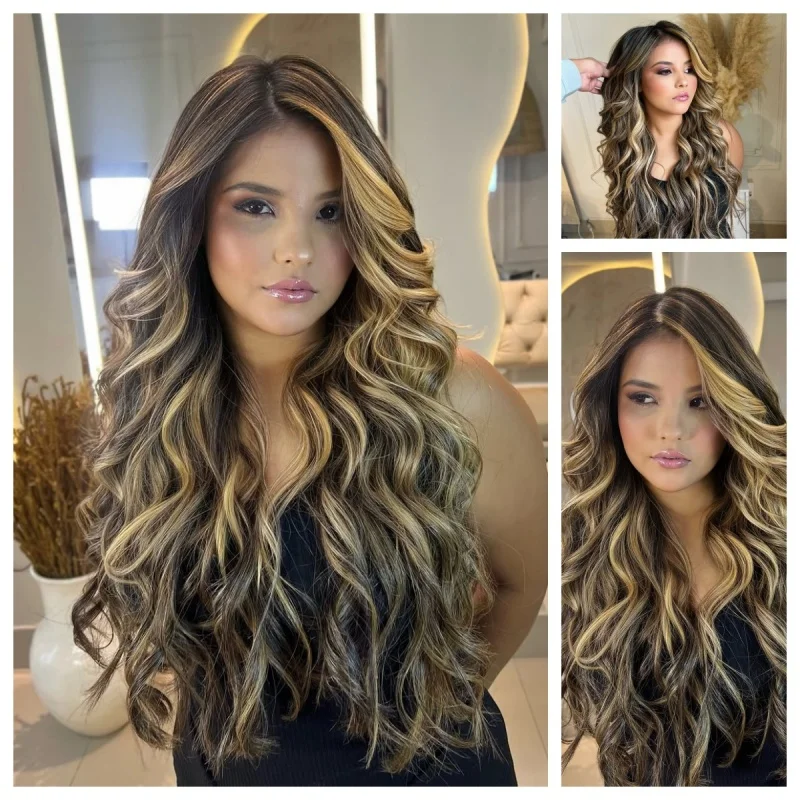 

Lothoey HighlightOmbre Dark Brown Highlights Synthetic HD Lace Front Wig Preplucked Hairline Glueless Wigs