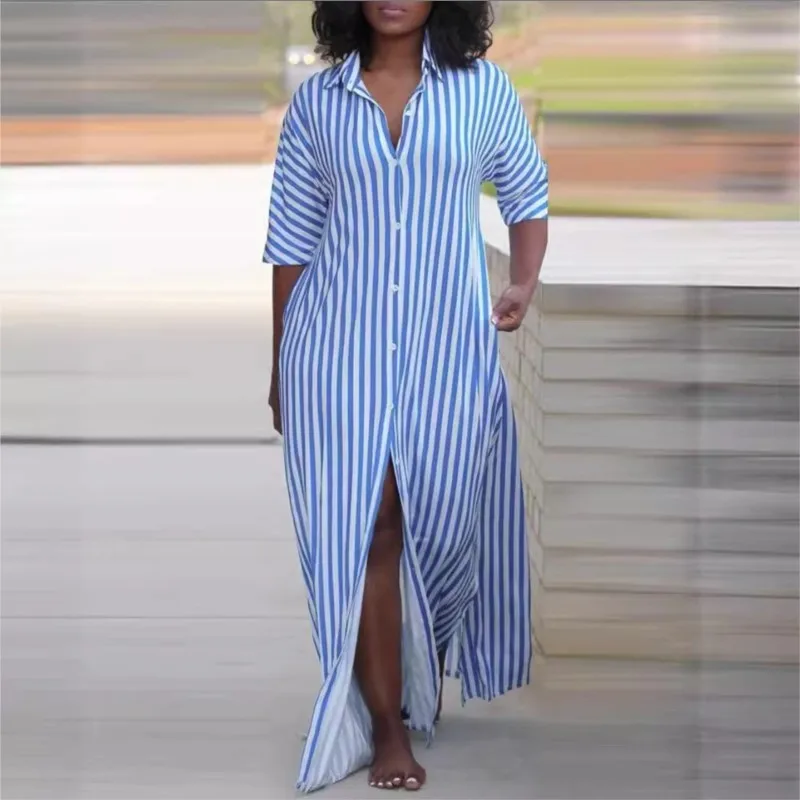 Women\'s Shirt Maxi Dress Summer Fashion Loose V-neck Button Long Striped Shirts Dresses For Women Robe Femme Casual Clouthing