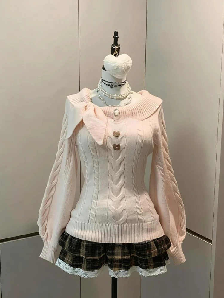 2026 Spring Thin Bow Knitted Pullover Female Sweet Lace Japanese Loose Sweater Office Lady Autumn Y2k Winter Slim Jumper Outfits