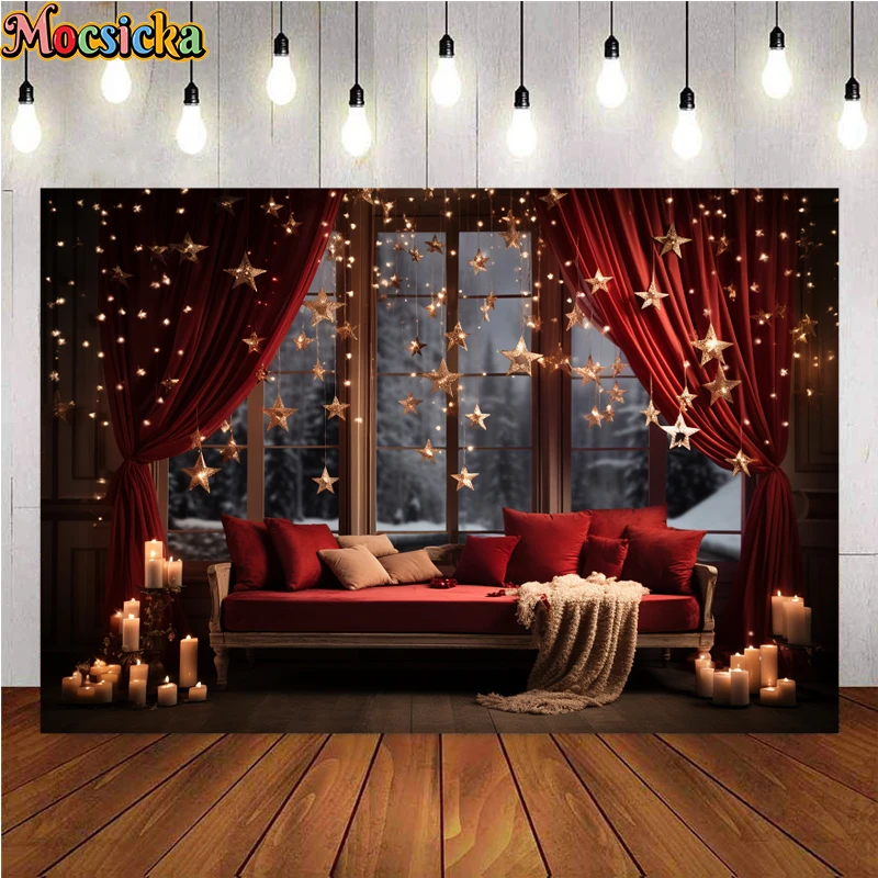 Mocsicka Winter Christmas Photography Background Red Couch Stars Holiday Party Family Portrait Photo Backdrops Studio