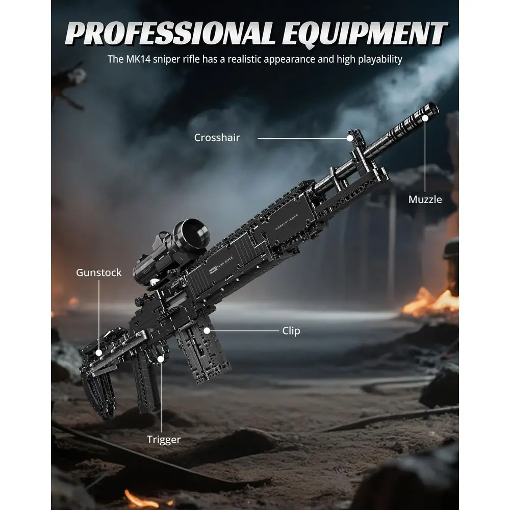 Set di blocchi da costruzione per cecchino MK14 - Mattoni giocattolo militari da 1468 pezzi per bambini e adulti