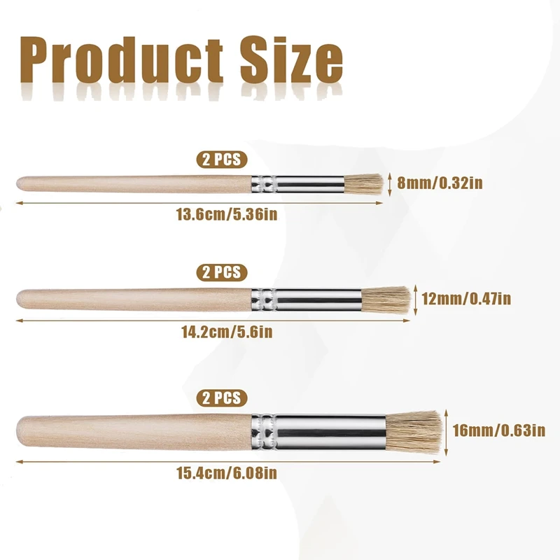 Pinceles de plantilla de madera para pintar en madera, pinceles de plantilla de cerdas naturales para pintura acrílica, 6 piezas, 3 tamaños, novedad