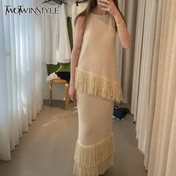 TWOTWINSTYLE Solid Minimalist Set For Women Round Neck Long Sleeve Spliced Tassels Tops High Waist Skirts Elegant Set Female New