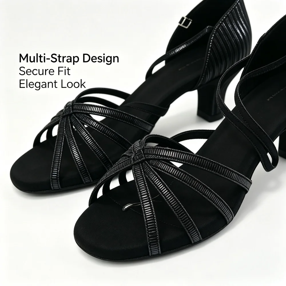 Women Rhinestone Buckle Latin Dance Sandals 5/7CM Heel Glitter Upper Suede Sole For Salsa Tango Practice Performance