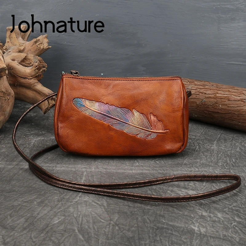 Johnature Retro Women Summer Smalll Bag 2024 New Nature Cow Leather Shoulder Bags Leisure Solid Color Female Messenger Bag