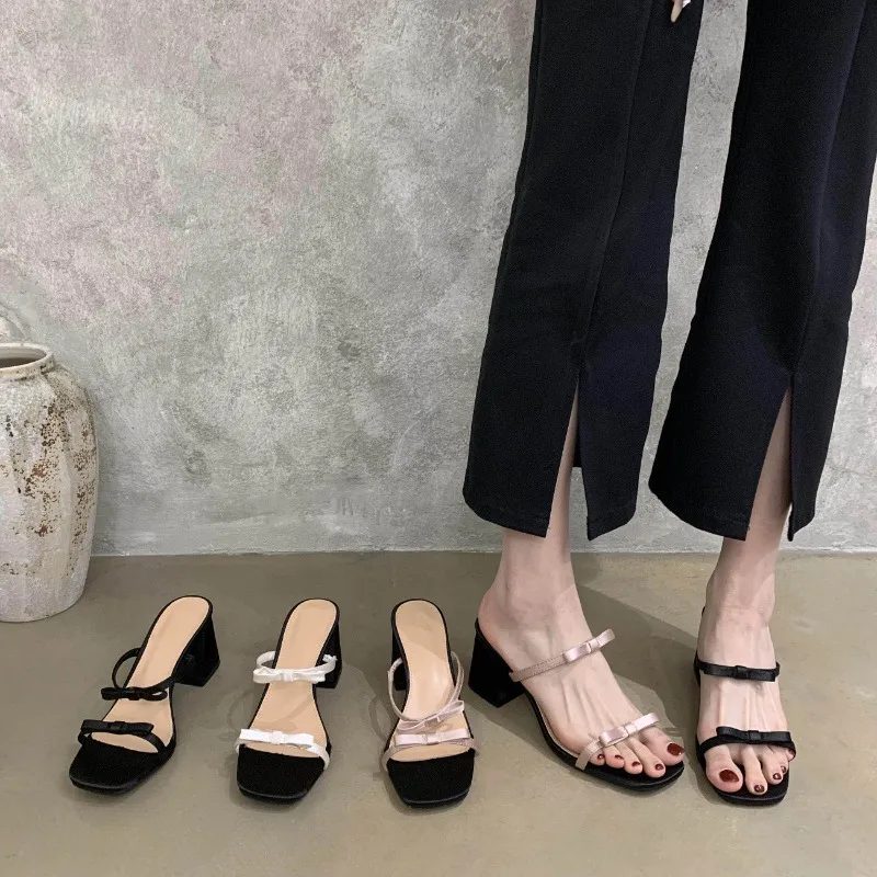 Women High Heel Sandals Ladies Square Heels Elegant Summer Bowknot Slippers Fashion Woman Outside Chunky Heel Dress Shoes