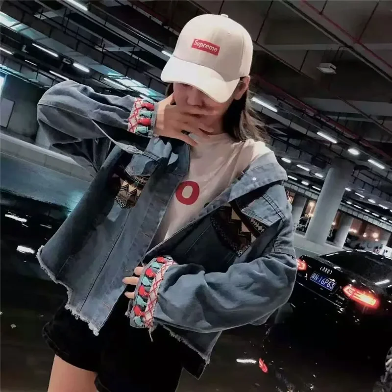 무거운 작업 자수 장식 조각 Tassels 데님 자켓 여성 카우보이 겉옷 빈티지 슬림 짧은 주머니 접합 청바지 자켓 여성