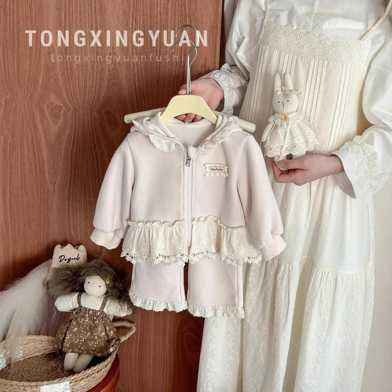 

Girls Spring and Autumn New Style Sweatshirt Lace Sweatpants Hooded Two-piece Set