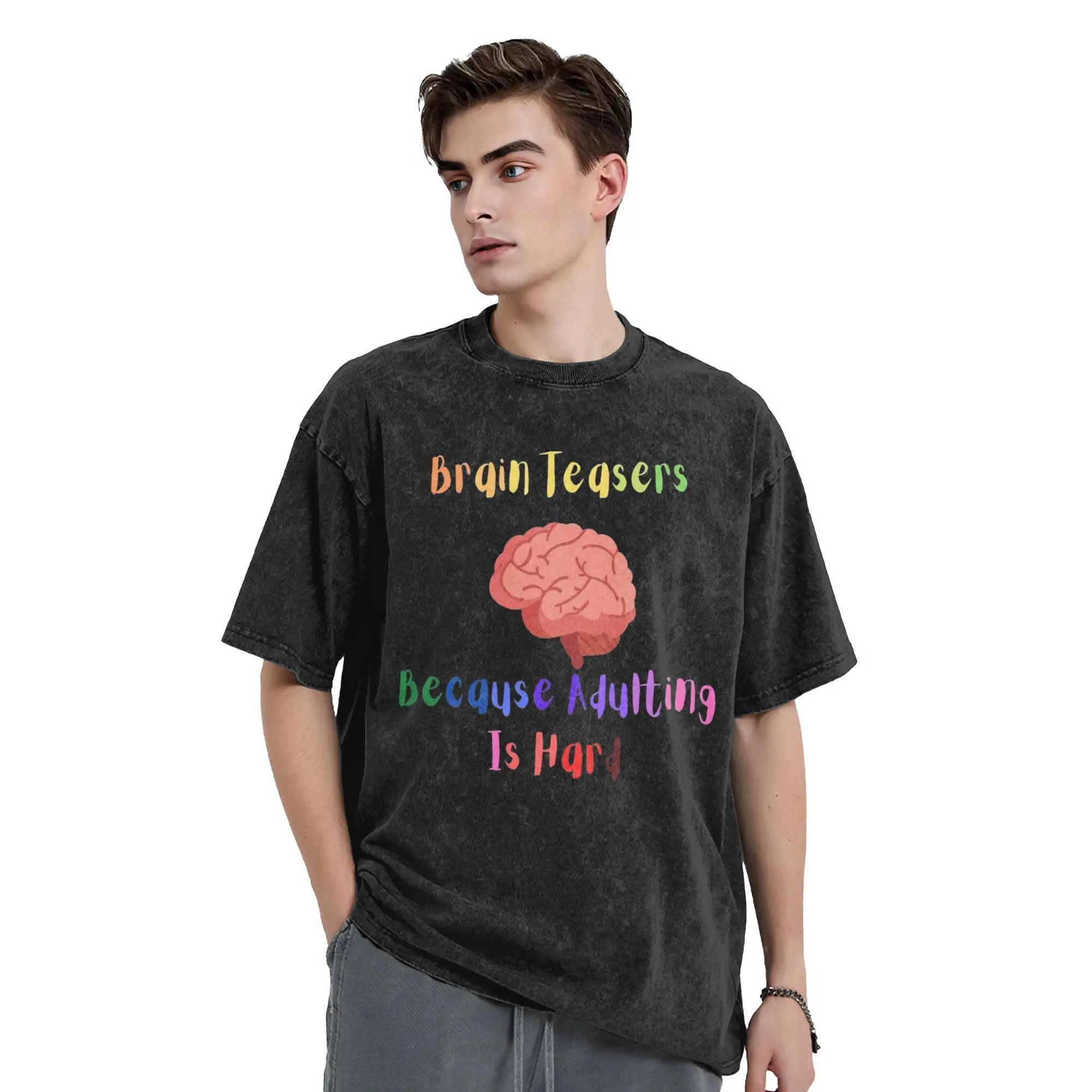 참신 생일 두뇌 티저 남성용 티셔츠 라운드 칼라 코튼 워시 티셔츠 반소매 티셔츠 프린트 탑