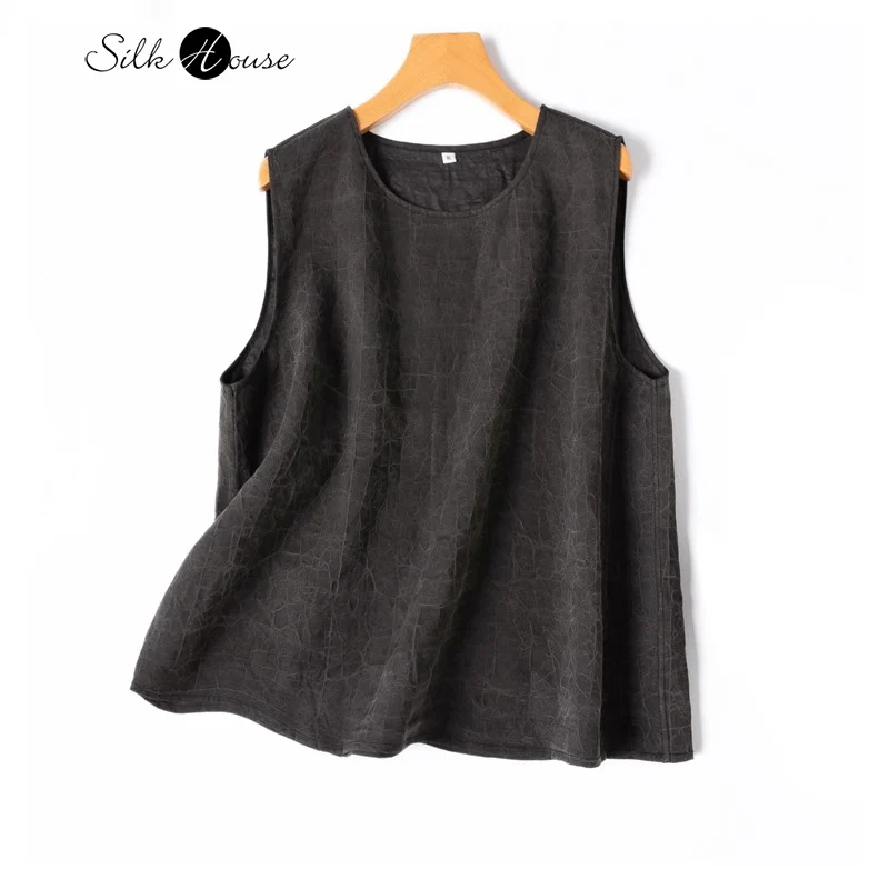 

Black Gray 100% Natural Mulberry Silk Turtle Crack Gambiered Guangdong Gauze Women's Round Neck Casual Vest