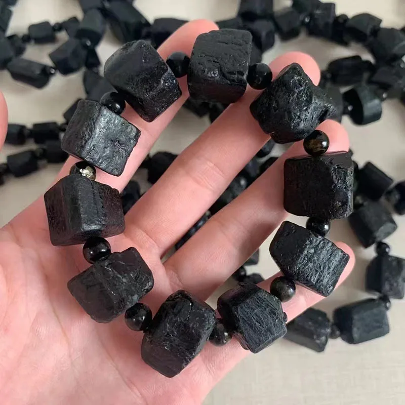 2026 Natural Premium Grade Black Tourmaline Crystal Rough Square Beaded Bracelet Matte Finished Original Ore Jewelry for Women M