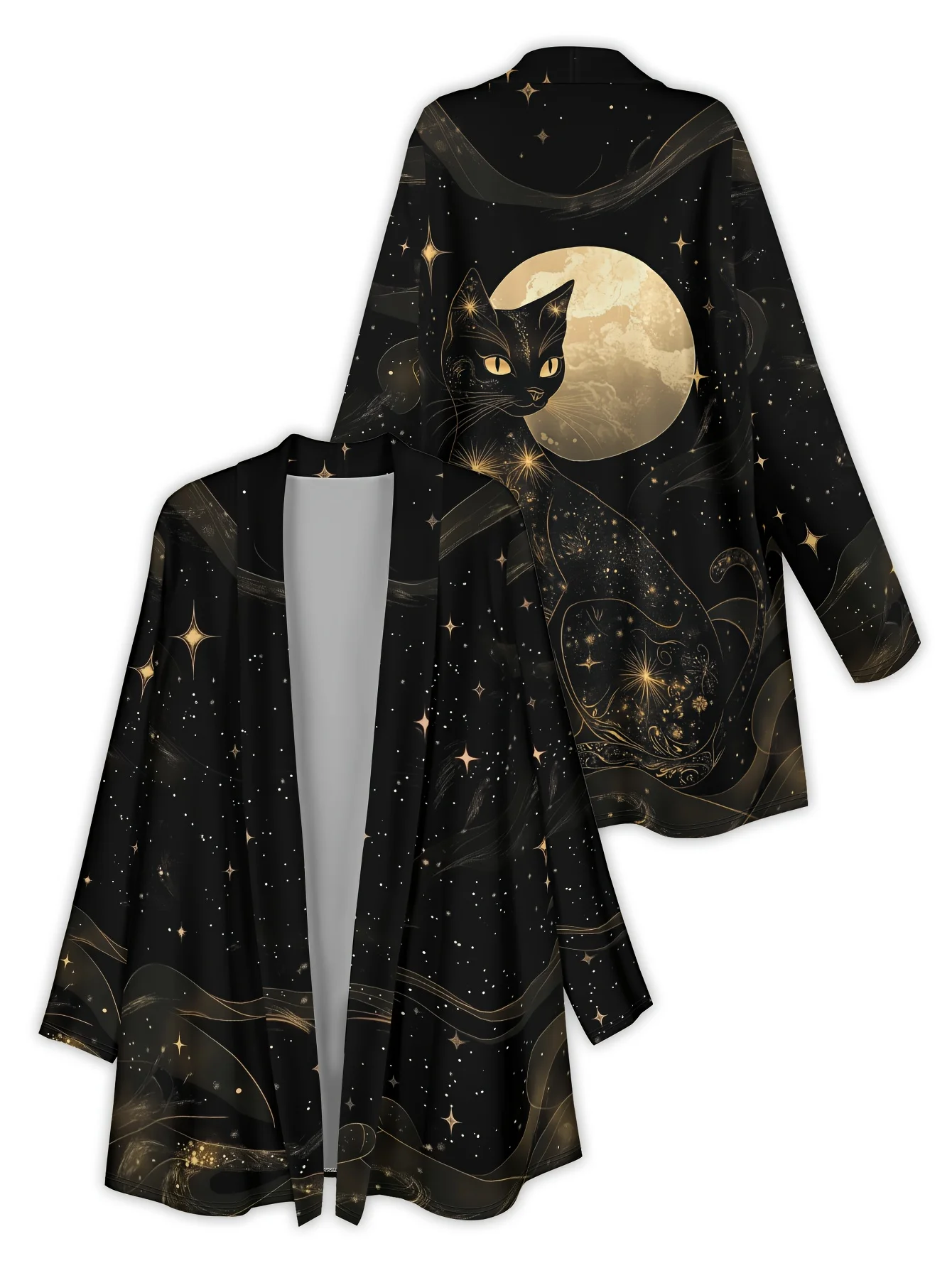 

Женский кардиган с длинными рукавами Black Cat & Golden Stars Cosmic, полиэстер с открытой передней частью, легкая накидка, осеннее повседневное пальто