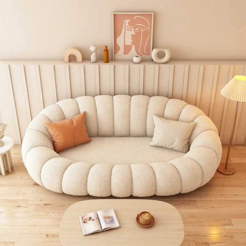 

New Pumpkin Sofa Small Apartment Tatami Lazy Cute Lamb Velvet Single Double Three Fabric Cream Sofa
