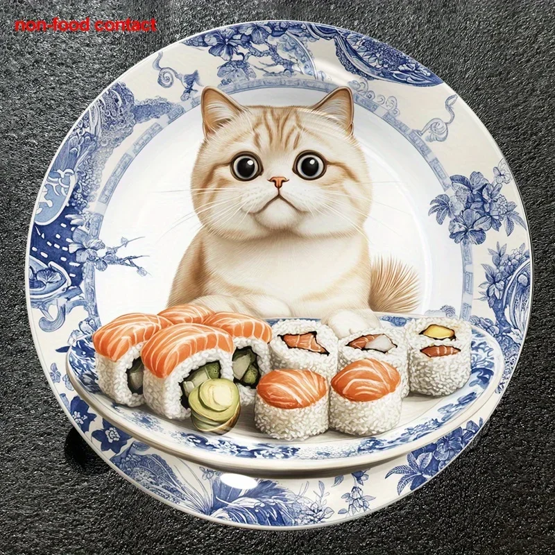1pc Round Ceramic Hanging Wall Art Plate - Japanese Floral cat plate, Non-Food Contact Decoration for Living Room, Bedroom,
