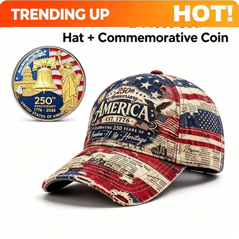 Customization 2pcs Set (1 Hat And 1 Golden Commemorative Coin) U.S. 250Th Anniversary 3D Print Baseball Cap Patriotic Memorial S