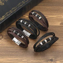 New Punk Layered Woven Bracelet Vintage Viking Beads Charm Men Leather Bracelet Wristband Genuine Leather Braided Bracelet Homme