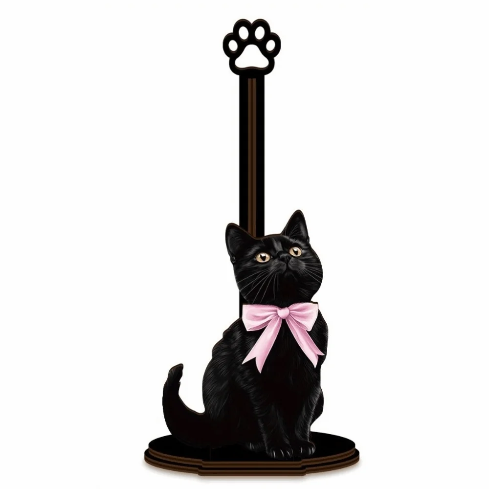 Soporte de Papel Higiénico con Base de Madera, Diseño de Gato Negro, Decoración de Escritorio, Soporte para Rollo de Papel, Diseño de Gato con Lazo, Porta Toallas de Cocina