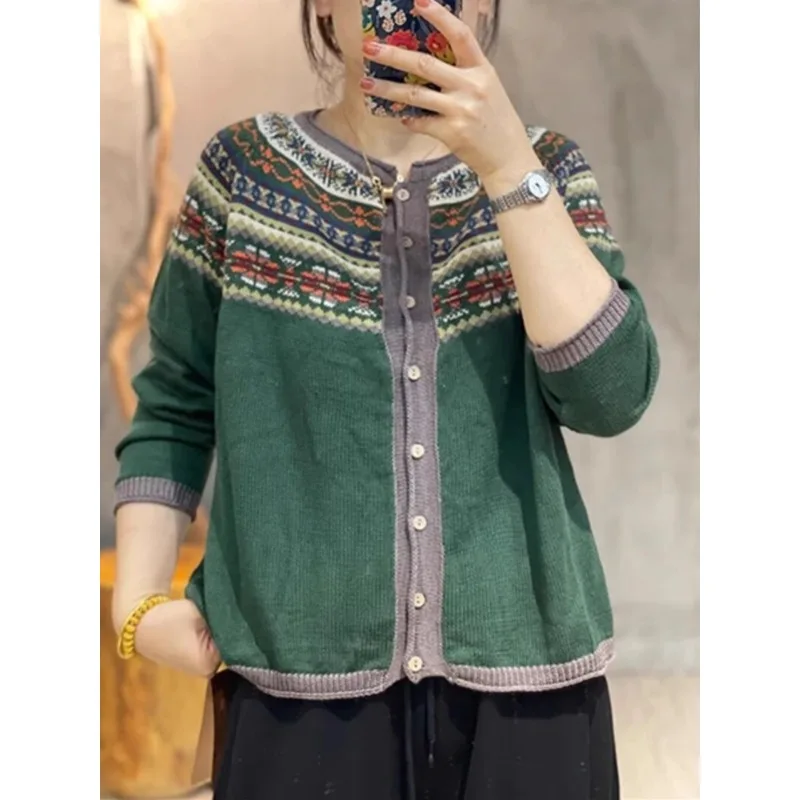 Retro knit sweater for women, casual and versatile jacquard cardigan, pure cotton jacket, new spring 2024