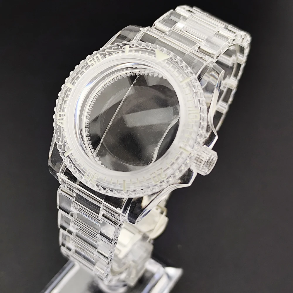 

40mm NH watch case green luminous acrylic transparent SUB unidirectional rotating case fit NH35/36 movement 20mm strap watch box