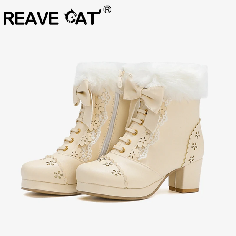 REAVECAT Autumn Mid-Calf boots Round toe Chunky heels PU Lolita Ladylike Big size 33-46 Show A3151