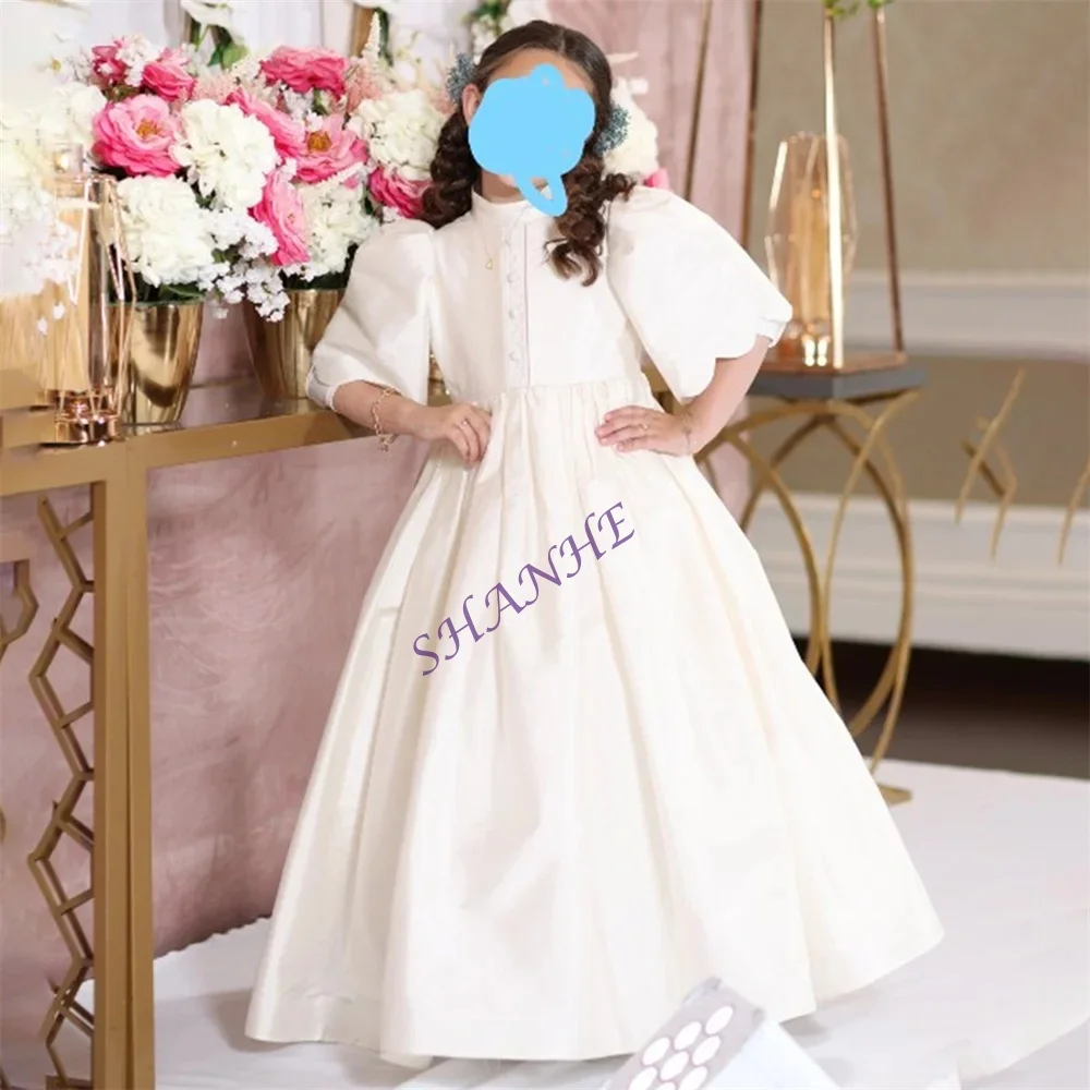 Classico collo alto mezza manica principessa abito da prima comunione lunghezza pavimento elegante abito formale da ragazza di fiori nuovo personalizzato