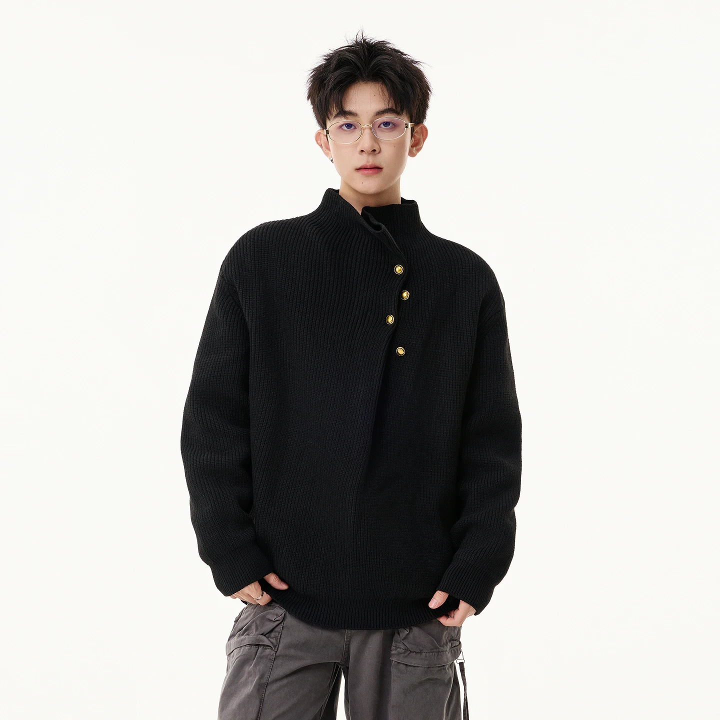 Autumn Winter New Men's Button Design Half High Collar Black Red Knitted Sweater Men's Loose Casual Light Gray White Sweater