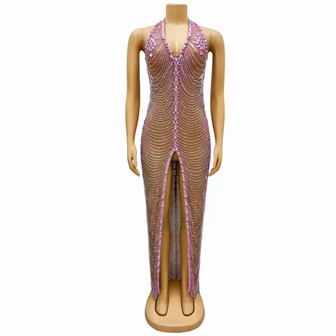 

Pink Diamonds Long Dress Women Birthday Party Queen Dressy Prom Gowns Singer Stage Bling Night Elegant Wear Drag Costume Fenwan