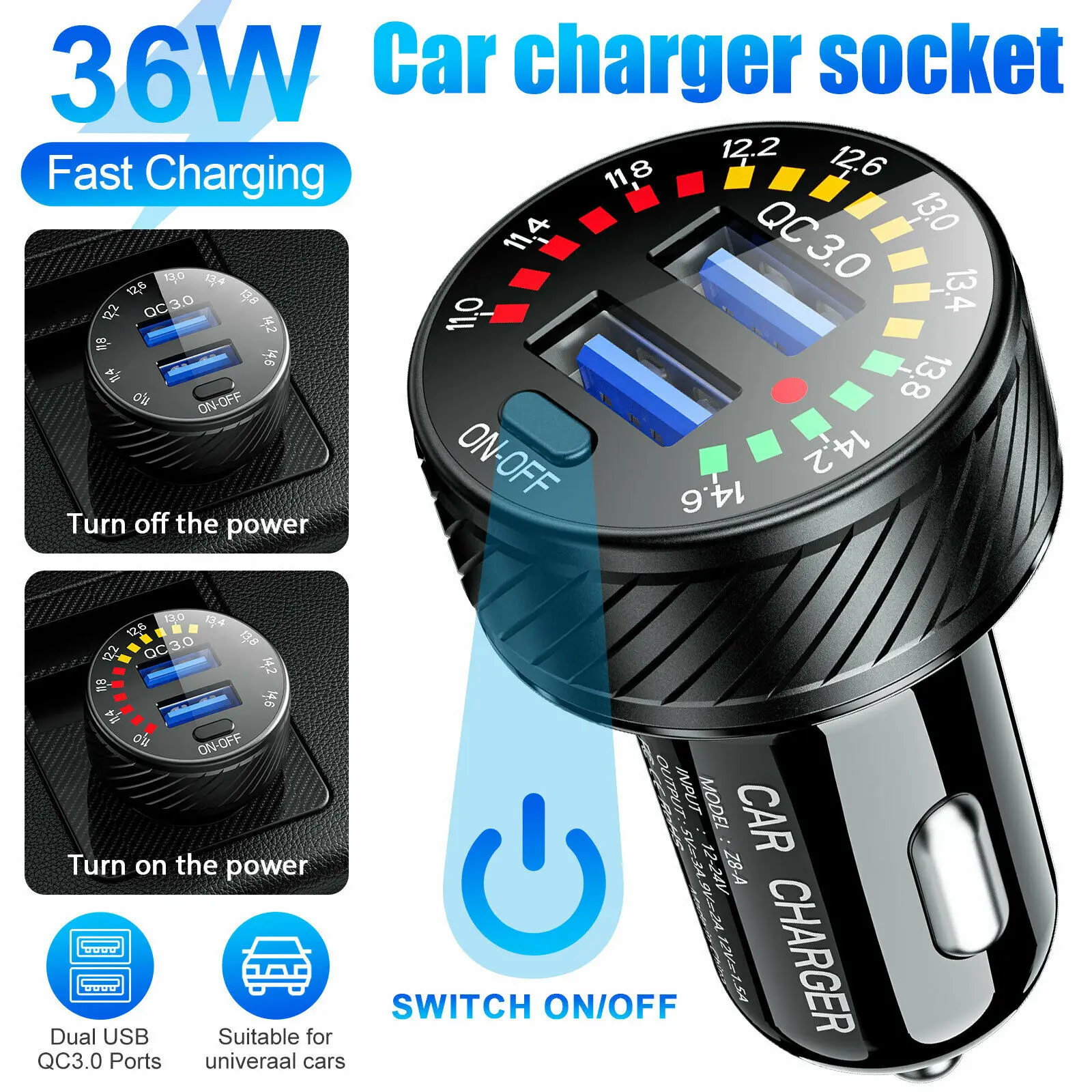 1Pc Car Charger With Switch Aluminum Alloy PC 36W Car Cigarette Lighter Socket Dual USB Fast Charger Power LED Adapter Outlet