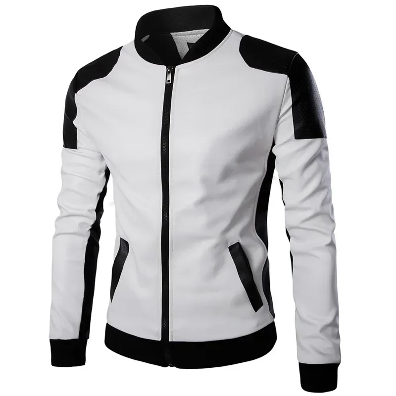 New Men Stand Collar Black White Color Matching Casual Leather Jacket Fashion Racing Clothing PU Leather Jacket Plus Size 5XL