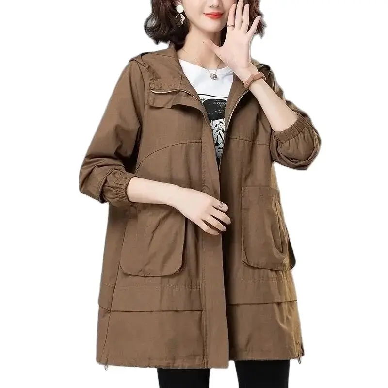 

2024 New Women's Trench Coat Korean Style Spring Autumn Windbreaker Outerwear Mid-Length Hooded Casual Pocket Coat Female Tops