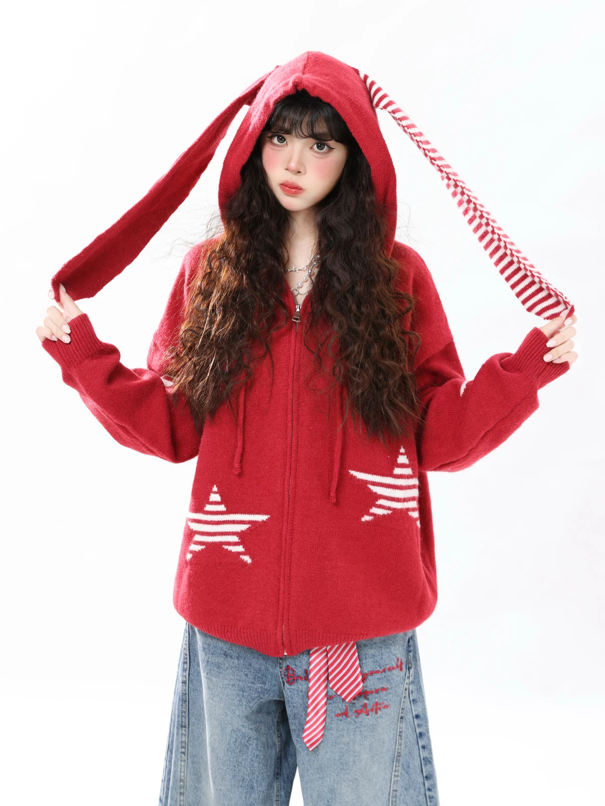 

ENJOG American Sle Star Rabbit Ear Hoodie Cardigan Women's Autumn Winter Knitted Coat Cisas Lazy Sle Long Sve Zipper
