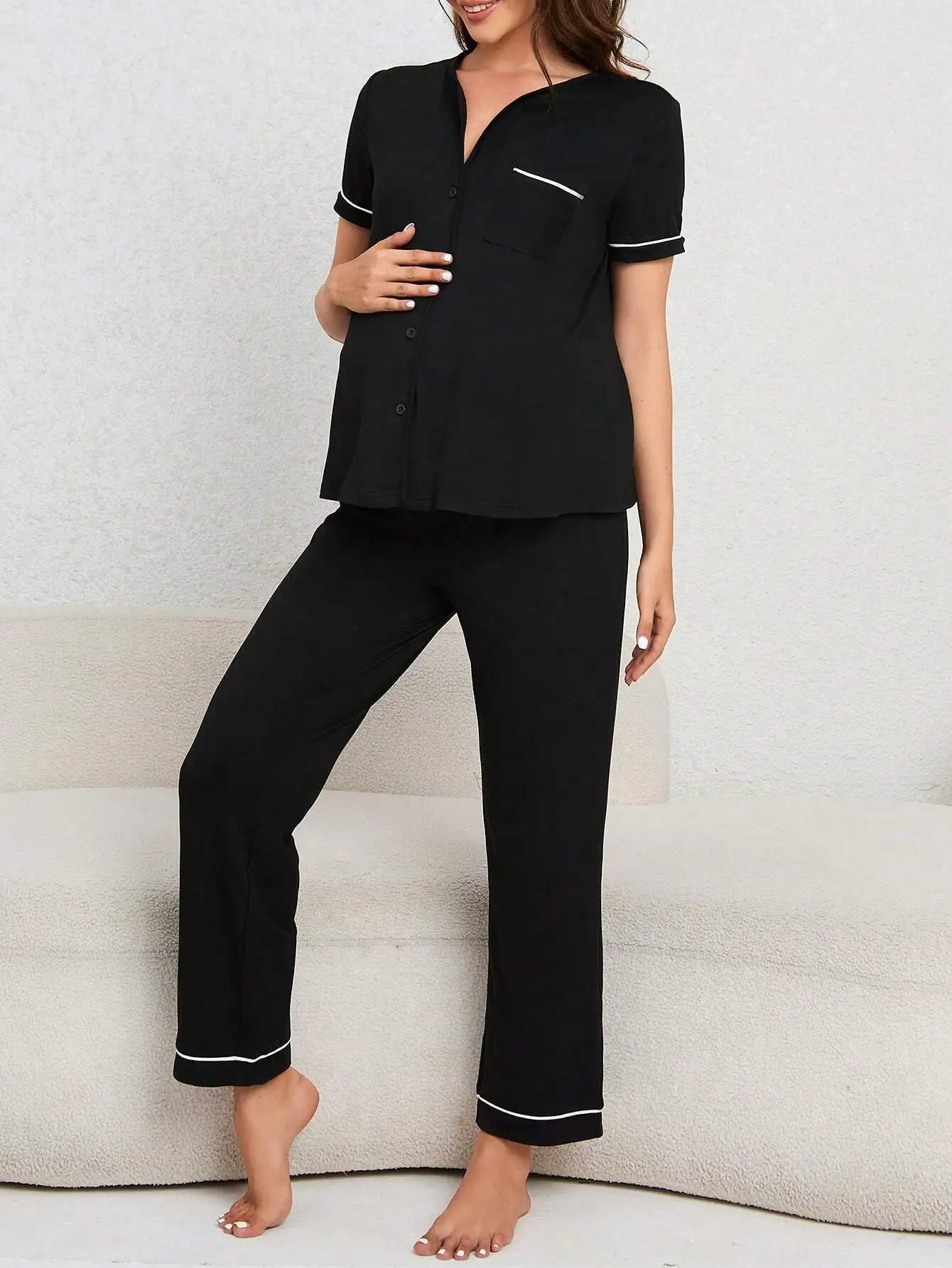 Black Maternity Pajama Set with Contrast Piping and Front Buttons