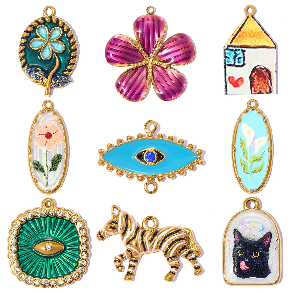 3pcs/Lot Stainless Steel Enamel Zebra House DIY Earring Charms Evil Eye Necklace Pendants Women Lily Flower Jewelry Wholesale